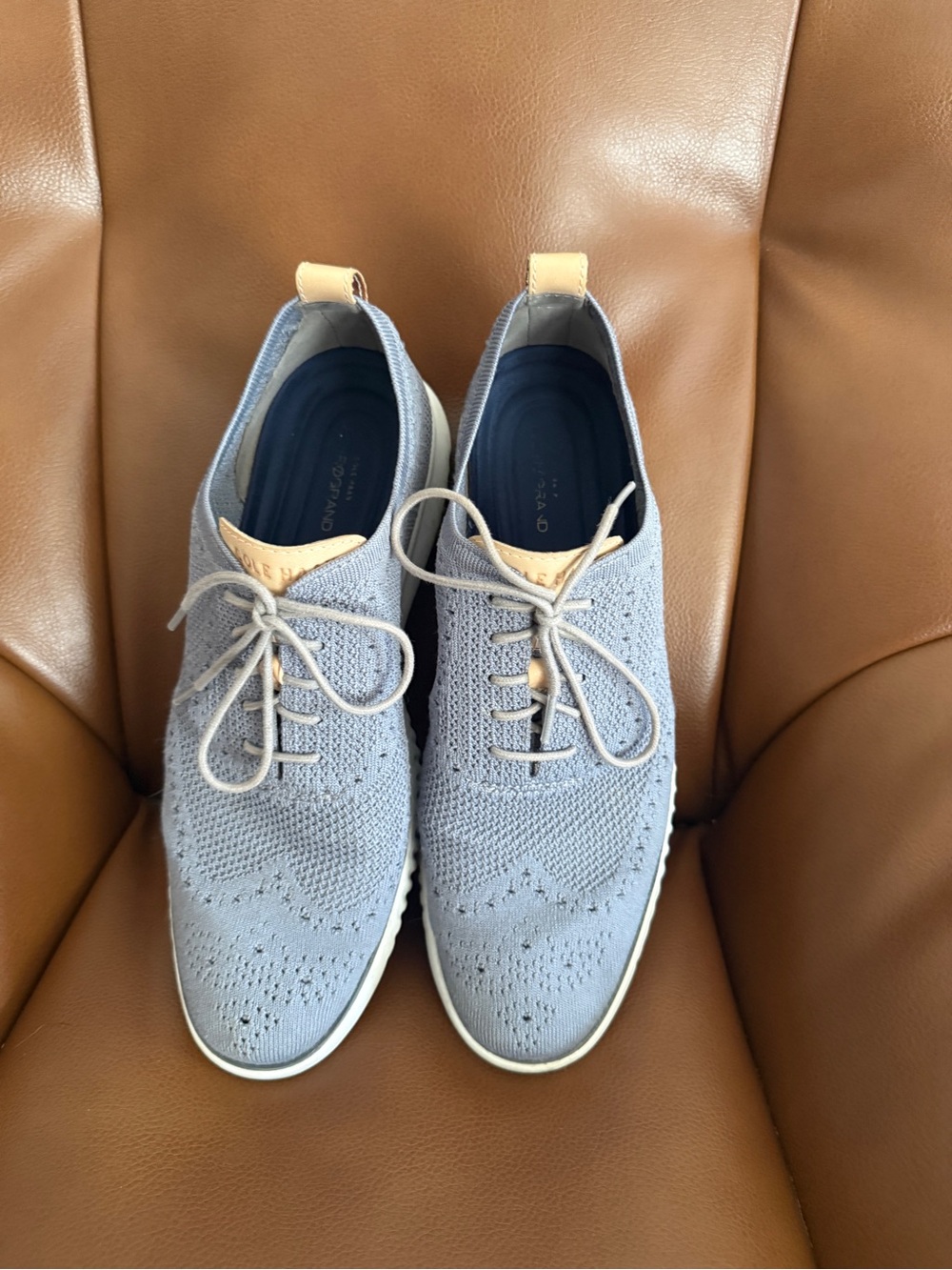 Cole Haan Light Blue Knit Wingtip Oxfords with Tan Accents